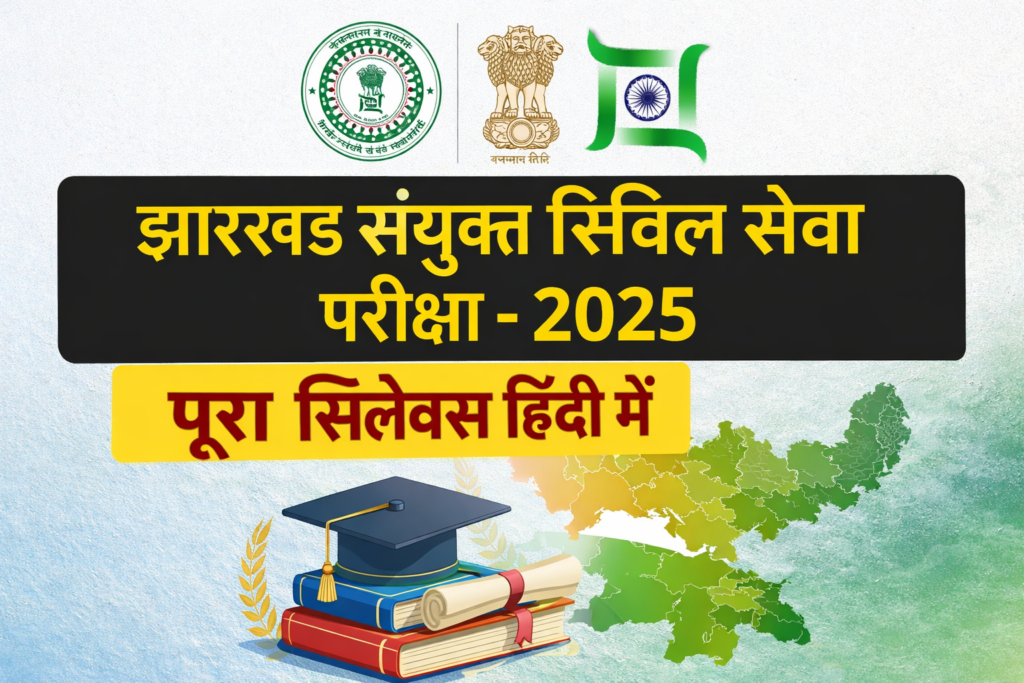Jharkhand Combined Civil Services Examination 2025 syllabus in Hindi with JPSC logo, Jharkhand map, books, and graduation cap educational graphic.”